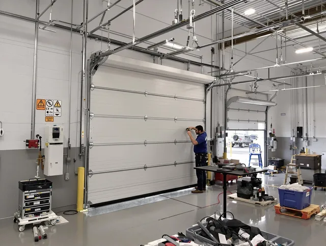 Commercial garage door repair being performed by Maple Heights Garage Door Repair expert in Maple Heights