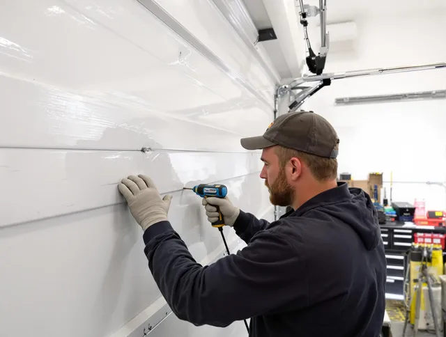 Maple Heights Garage Door Repair technician demonstrating precision dent removal techniques on a Maple Heights garage door
