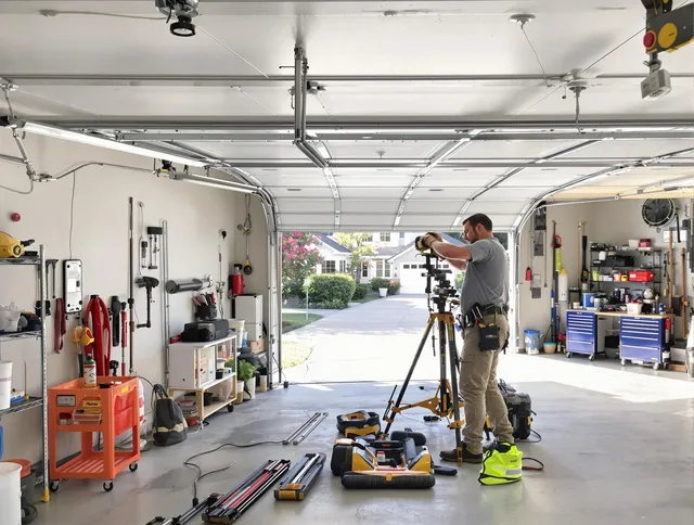 Maple Heights Garage Door Repair specialist performing laser-guided track alignment in Maple Heights